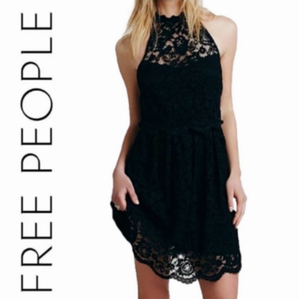 Free People Lost in a Dream Twofer Black Lace Halter Mini Dress